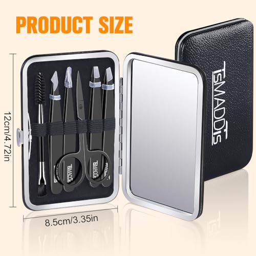 TsMADDTs Tweezers Set for Men - Professional Eyebrow Tweezers - Precision Tweezers for Hair & Ingrown Hair Plucking with Scissors, Mirror, Travel Case (Black)