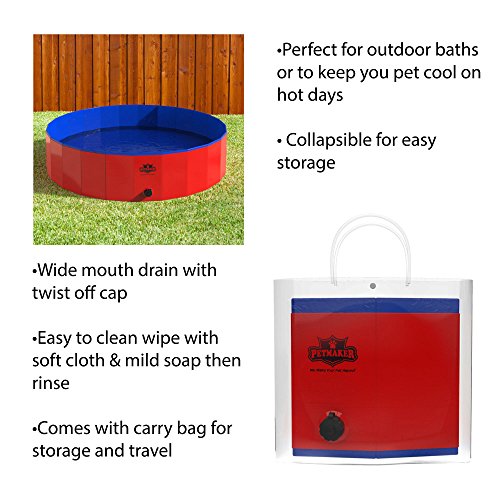 Portable Dog Pool for Large Dogs - Foldable Plastic Bathing Tub with Drain and Carrying Bag for Pets and Backyard Play with Kids by PETMAKER (Blue)