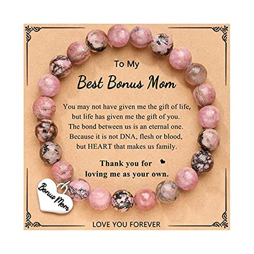 Dcfywl731 Bonus Mom Gifts for Women Stepmom Natural Stone Beaded Bracelets Heart Charm Bracelet with Meaningful Card Birthday Mothers Day Gifts from Women Son