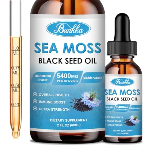 Bunkka Sea Moss 3000mg Black Seed Oil 1000mg with Burdock Root 600mg Bladderwrack 800mg&Vitamin C Vitamin D3, Irish Sea Moss Drop for Immune System, Gut, Skin & Energy