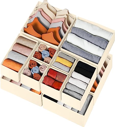 Criusia Drawer Organizer Clothes 12 Pack, Dresser Organizer for Nursery Bedroom Closet Organization and Storage - Baby Clothes Organizer Bins - Drawer Divider for Sock Underwear Bra Ties (Beige)