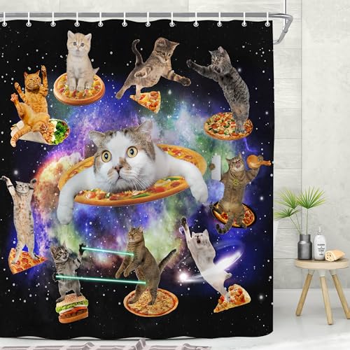 Emwnodti Cute Funny Cat Shower Curtain for Kids, Cool Fun Cute Cats Starry Sky Nebula Galaxy for Kid Bathroom Decor, Polyester Waterproof Durable Bathroom Accessory Set with 12 Hooks 72x72 inch