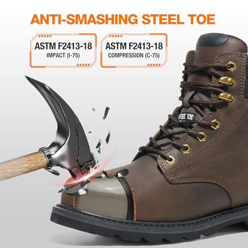 NINGO Steel Toe Work Boots for Men, Comfortable Leather Industrial & Construction Boots, Oil & Water Resistance Anti Slip Safety Boots with EH Protection, for Outdoor Factories Warehouses Farms
