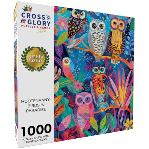 Hootenanny: Birds in Paradise by Cross & Glory - 1000 Piece Jigsaw Puzzle for Adults | Vibrant, Eco-Friendly, Indian Garden & Owl Design | Challenging and Artistic Puzzle for Adults 1000 Pieces