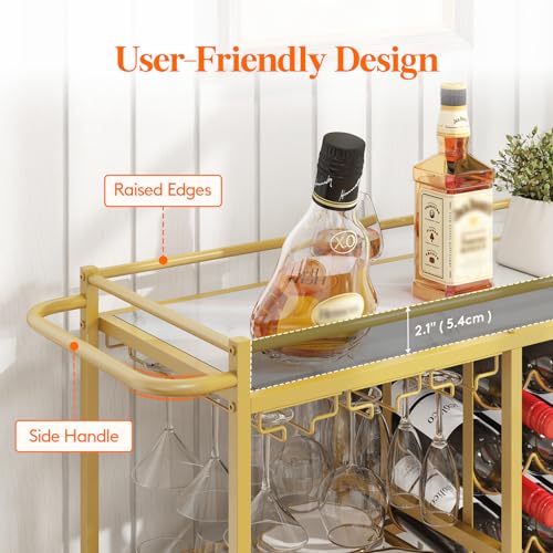 Lifewit Bar Cart for The Home, 3 Tier Drink Cart with Lockable Wheels, 12 Wine Rack and 3 Rows Glass Holders, Liquor Serving Cart for Kitchen Dining Livingroom, 31.6" x 13.1" x 33.9", Gold