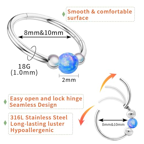 Thiswhyimbeauty 2PCS 18g Opal Nose Rings for Women Nose Hoops 8mm/10mm 316L Surgical Steel Nose Rings Piercing Jewelry Can Be Used as a Nose Ring, Septum Ring, and Cartilage Earring (Gold-Blud opal)