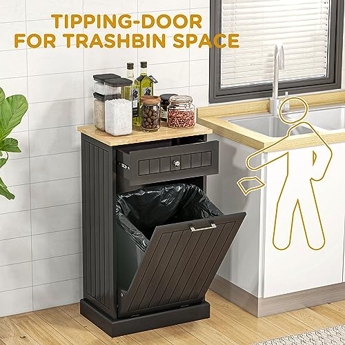 HOMCOM Kitchen Tilt Out Trash Bin Cabinet Free Standing Recycling Cabinet Trash Can Holder with Drawer, Black