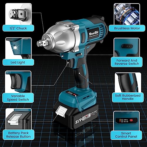 Seesii Cordless Impact Wrench, 900N.m(665ft-lbs) Power Impact Gun 1/2 Inch, 4.0Ah Battery, 3300RPM Impact Wrench, 6 Sockets, Electric Impact Driver for Home Car Truck Mower Father Dad Husband