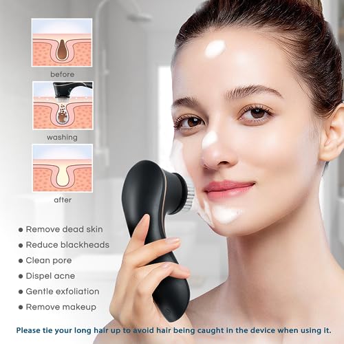 Facial Cleansing Brush, Electric Face Scrubber Rechargeable Exfoliator IPX-7 Waterproof Rotating Cleanser for Exfoliating, Massaging and Deep Cleansing for Women & Men with 4 Brush Heads Black