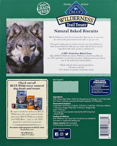 Blue Buffalo Wilderness Trail Treats High Protein Grain Free Crunchy Dog Treats Biscuits, Duck Recipe, 36-oz box