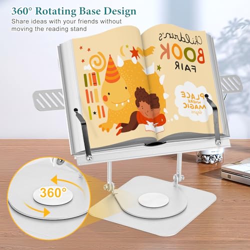 Grathia Book Stand for Reading, Adjustable Holder with 360° Rotating Base, Desktop Stand with Page Clips for Cookbook, Sheet Music, Laptop, Recipe, Textbook, HandsFree, Aluminium