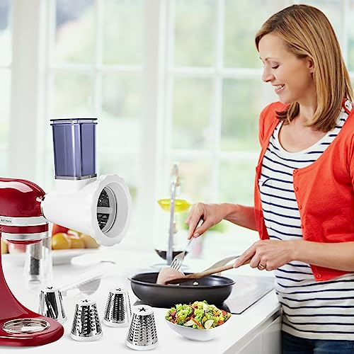 Cheese Slicer Shredder Attachments for KitchenAid Stand Mixers, Food Slicers Cheese Grater Attachment, Salad Maker Accessory Vegetable Chopper with 4 Blades Dishwasher Safe-Upgraded Version