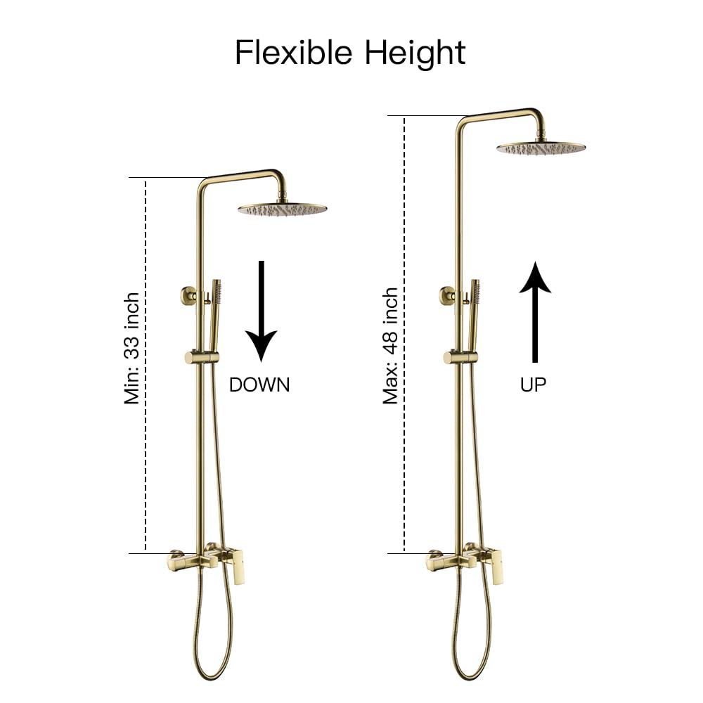 RBROHANT Brushed Gold Exposed Shower System with Tub Spout, 3-Functional Exposed Shower Fixtures with Brass Valve, Shower Height Adjustable, Wall Mounted, RB0880