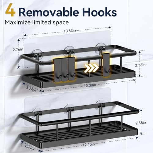 YASONIC Shower Caddy Adhesive, No Drill Bathroom Shower Organizers, with Removable Hooks, Rust Proof Shower Shelves, Wall-Mounted Shower Holder, Black, 2 Pack