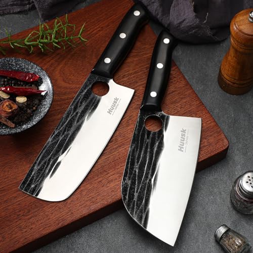 Huusk Knives Set, Serbian Chef Knife Set with Bag, Japanese Kitchen Knife Set, Hand Forged High Carbon Steel Knife Set, Full Tang Knife Set with Ebony Handle, Butcher Knife Set for Dad, Ideal Gif