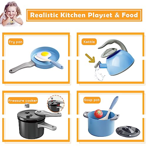 Bruvoalon 32Pcs Kids Play Kitchen Toys Set, Toddlers Pretend Cooking Playset Acccessories with Pots Pans, Utensils Cookware, Foods, Canned Veges, Learning Gift for Kids Girls Boys (Blue)