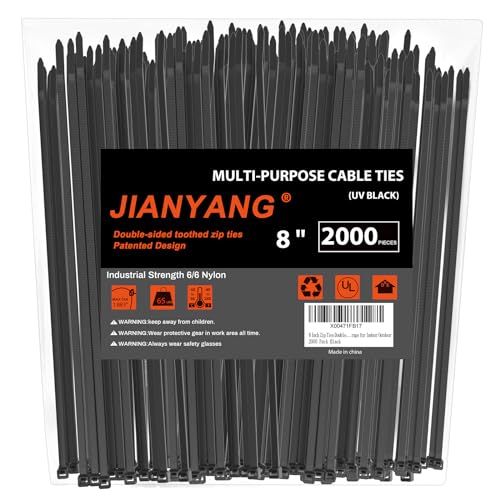 8 Inch Zip Ties Double Sided Toothed (Bulk 1000 Pack Black),65lbs Tensile Strength Heavy Duty Cable Wire Ties with Self-Locking Adjustable Nylon Tie Wraps for Indoor Outdoor (Patented Design)
