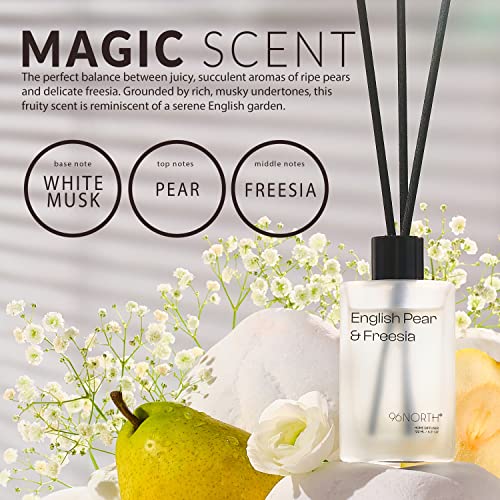 96NORTH Reed Diffuser Set - 4.21 oz (120 ml) English Pear & Freesia Scent Diffuser with Sticks - Home Fragrance Essential Oil Reed Diffuser for Bathroom Shelf Decor, Bedroom, Office Room