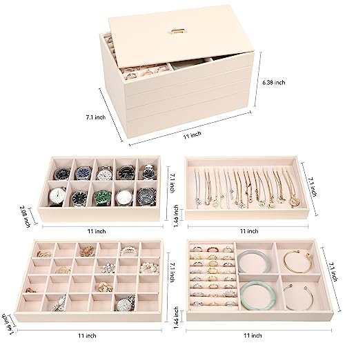 Voova Stackable Jewelry Organizer Tray with Lid, PU Leather Jewelry Storage Holder for Drawer Inserts, Jewellery Display Box Case for Earring Necklace Ring Watch Bracelet (Set of 4, Apricot)