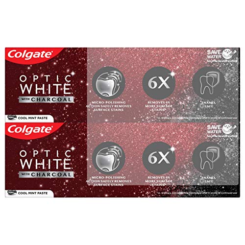 Colgate Optic White Charcoal Whitening Toothpaste, Cool Mint, Enamel-Safe with Fluoride, 2 Pack 4.2oz Tubes