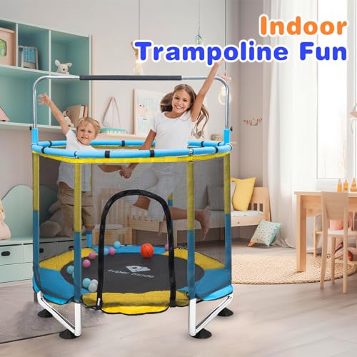Trampoline for Kids, 5FT Adjustable Toddler Trampoline, Indoor/Outdoor Baby Trampoline with Enclosure Net, No-Gap Safe Design, Gifts for Boys & Girls (Pink) (Yellow Blue)