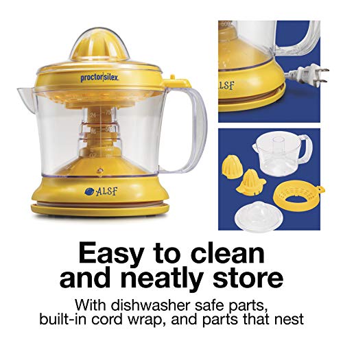 Proctor Silex Alex's Lemonade Stand Electric Citrus Juicer Machine and Squeezer, for Lemons, Limes and Oranges, 34 oz, Includes 2 Reamers & Recipe Book, Yellow, Discontinued