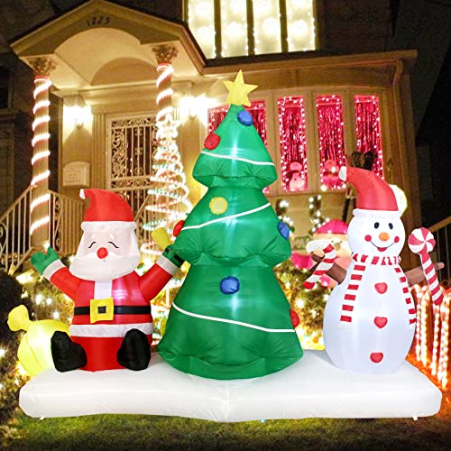 7FT Long Inflatable Christmas Yard Decoration Set with Snowman and Santa Outdoor Indoor Blow-Up Xmas Decor with LED Lights for Patio Lawn