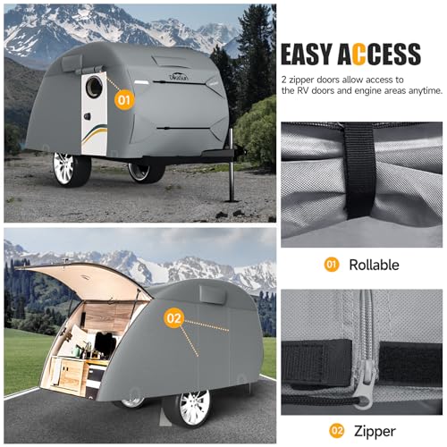 Teardrop Trailer Cover, 7 Layers Waterproof Camper Cover (Fits 5' - 8' Trailers), Tear-Resistant Travel Trailer Cover for Forest River R-Pod Trailers Clamshell Trailers