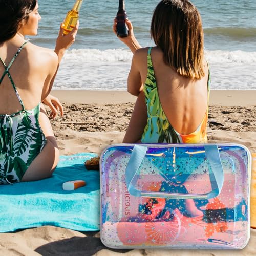 ONEART Clear TPU Cosmetic Bag Toiletry Makeup Artist Bag, Waterproof Multifunction Travel Toiletry Bag with Zipper Handle, Holographic Star Tote Bag Blue