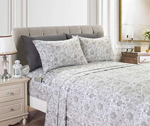 Elegant Comfort Amelia Paisley Printed 4-Piece Sheet Set, Deep Pocket 1500 Thread Count, Fade, Stain, and Wrinkle Resistant, Fitted Sheets with Smart Pockets, Paisley Sheet Set, Twin, Ash Gray
