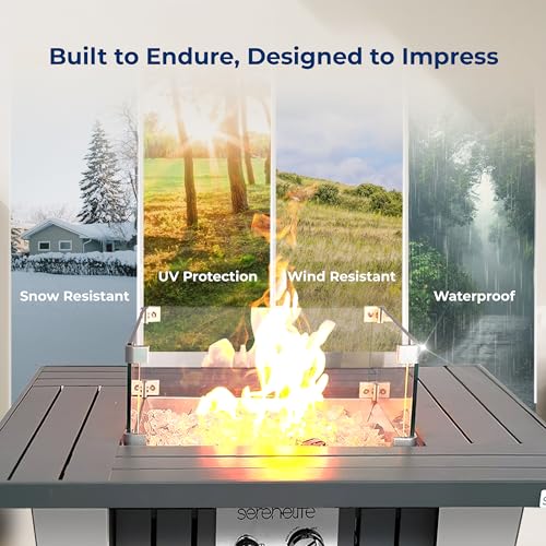 Outdoor Propane Fire Pit Table - CSA/ETL Certified 50,000 BTU Pulse Ignition Weatherproof Square Propane Gas Fire Table w/Adjustable Flame - Glass Wind Guard, Glass Rocks - SereneLife SLNFRE27