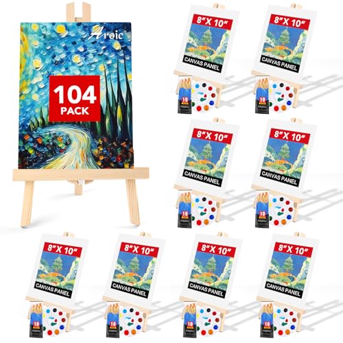 AROIC 104 PCS Professional Painting Set with Easels, 8 Wood Easels,80 Brushes with Nylon Brush Head,8 Drawing Boardart and 8 Palette, Painting Supplies kitfor Kids & Adults to Painting Party