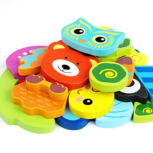 Toddler Puzzles, Wooden Jigsaw Animals Puzzles for 1 2 3 Year Old Girls Boys Toddlers, Educational Preschool Toys Gifts for Colors & Shapes Cognition Skill Learning