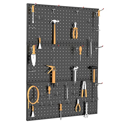 TORACK 3Pcs Metal Pegboard Panels for Wall Garage Utility Tools Pegboard Storage System for Workbench, Shop, Shed Modular Peg Board Organizer Board Kit(Pack of 3, Black)