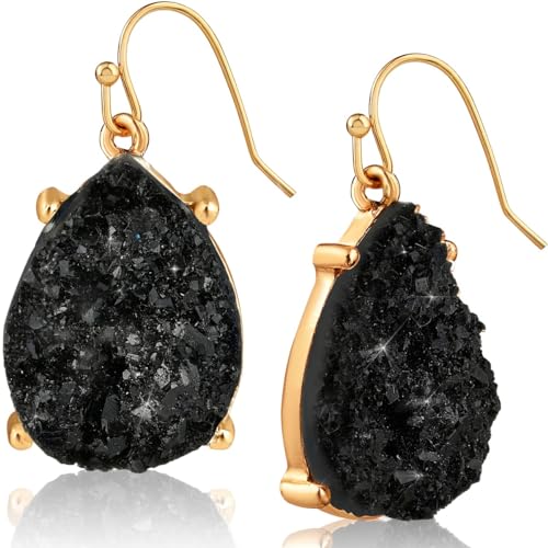 Gold and Black Earrings for Women Dangle - Black and Gold Earrings for Women, Black Dangle Earrings for Women Black Sparkly Earrings, Long Black Drop Earrings, Teardrop Simulated Black Druzy Earrings