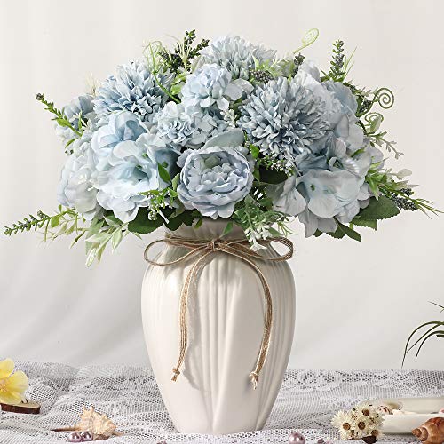 JARELING Peonies Artificial Flowers in Vase, Fake Hydrangea Silk Peony Flower Bouquet with Vase Faux Flowers Arrangement Decor Home Table Dining Room (Blue)