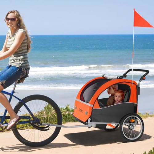 VEVOR Bike Trailer for Toddlers, Kids, Double Seat, 100 lbs Load, 2-in-1 Canopy Carrier Converts to Stroller, Tow Behind Foldable Child Bicycle Trailer with Universal Bicycle Coupler, Orange and Gray