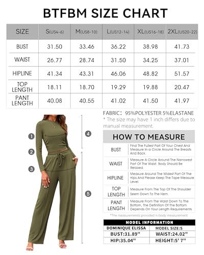 BTFBM Casual 2 Piece Sets For Women Fall Outfits Ribbed Knit Long Sleeve Crop Top Wide Leg Pants Matching Lounge Set(Solid Lake Blue, Large)