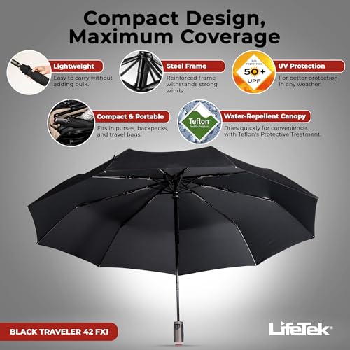 LifeTek Traveler 42 FX1 Windproof Travel Umbrella, Automatic Open Close, Compact for Rain and Sun, Fits in Purse or Backpack, Strong Lightweight Durable Frame, UV Protection, Small and Portable Black