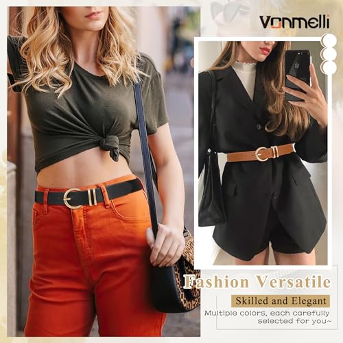 VONMELLI 2 Pack Women's Leather Belts for Jeans Dresses Fashion Gold Buckle Ladies Belt Black+Light Coffee,S