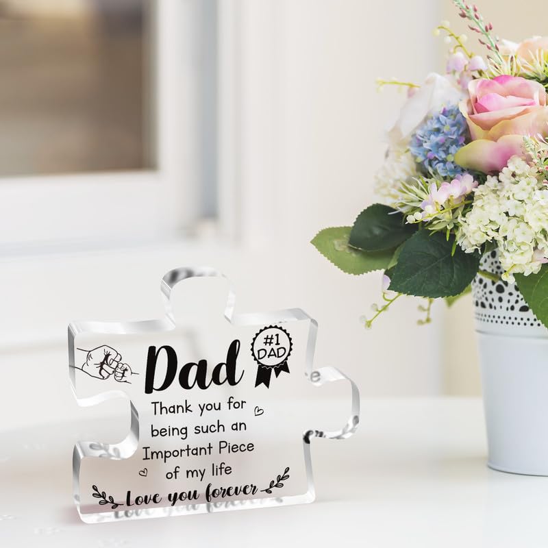 Gifts for Dad - Delicate Dad Birthday Gifts from Daughter Son - Engraved Acrylic Block Puzzle Piece Decorations 3.9 x 3.3 inch - Fathers Day Thanksgiving Birthday Gifts for Dad, Ideas