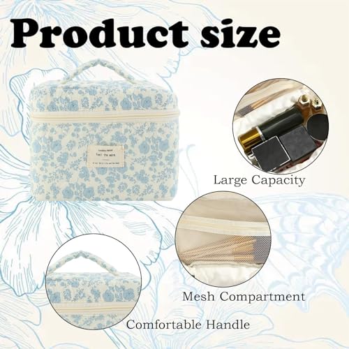 LYDZTION 2PCS Floral Quilted Makeup Bag Set for Women,Cosmetic Bag Coquette Travel Makeup Bag Pouch Cute Cotton Aesthetic Makeup Organizer Bag Large Travel Essentials for Women-Floral