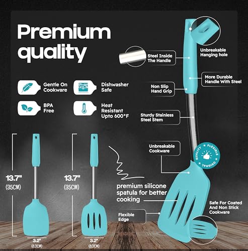 BakeRoyal Silicone Spatula Set - Turner Spatulas Silicone Heat Resistant 600°F - Slotted & Solid Silicone Spatulas for Cooking Fish, Eggs, Pancakes Flipper – Silicone Cooking Utensils Set – Aqua