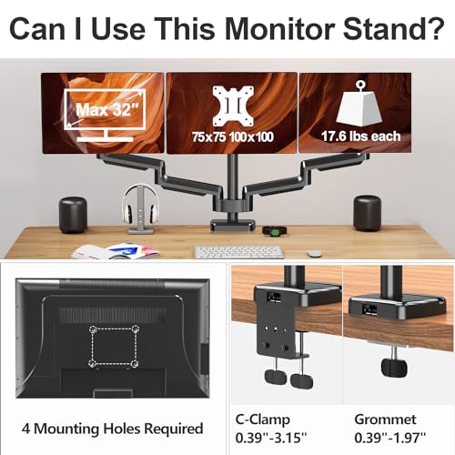MOUNT PRO Triple Monitor Mount, 3 Monitor Desk Mount for There Screens up to 32 Inch, Full Motion Gas Spring Triple Monitor Stand, Heavy Duty Monitor Arm Hold up to 17.6lbs Each, VESA Mount, Black