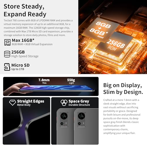 TECLAST Tablet 12 inch Android 14 Tablets, T60 with 256GB Storage(Expand to 1TB), Unisoc T616 CPU, 8000mAh +18W PD Fast Charger, 4 Speakers, 5G WiFi+4G LTE, Dual 13MP Camera,GPS