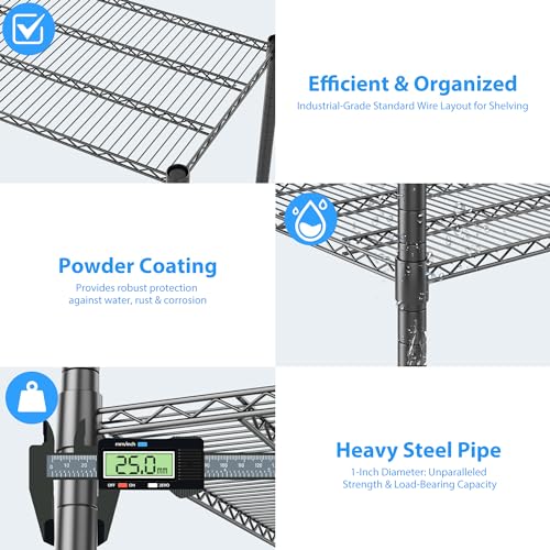 Homdox 60”W Storage Shelves, 4 Tier Heavy Duty Wire Shelving Unit with Wheels, 2400LBS Commercial Adjustable Metal Shelves for Storage, Garage Rack Pantry Shelves Kitchen Shelving, 24"x60"x72", Black