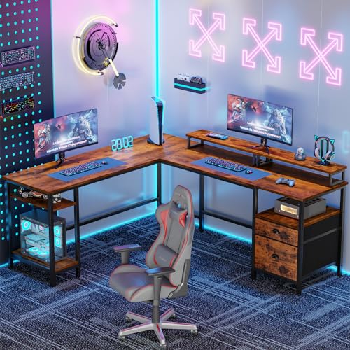 Furologee 66" L Shaped Computer Desk with Shelves, Reversible Corner Gaming Desk with File Drawer and Dual Monitor Stand, Large Home Office Desk Writing Study Table Workstation, Rustic Brown