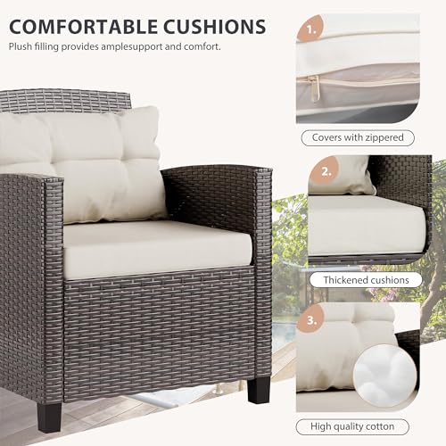 Vongrasig 3 Piece Patio Furniture Set Small Outdoor Wicker Rattan Front Porch Bistro Set Cushioned Patio Chairs Conversation Set with Glass Table for Lawn, Garden, Backyard, Balcony, Poolside (Beige)