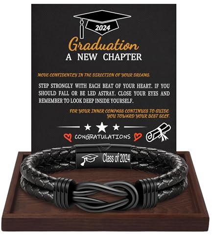 Graduation Gifts, Class of 2024 Leather Bracelet for Men Black Infinity Knot Bracelets for Teen Boys College High School Grads Birthday Christmas Jewelry