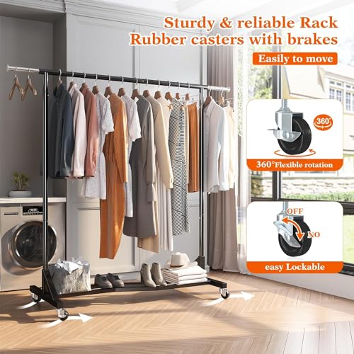 Raybee Clothing Rack Heavy Duty 77" W Clothes Rack Clothing Racks for Hanging Clothes Rolling Clothes Rack with Wheels Commercial Garment Rack Metal Clothing Rack Black 77''W×66''H×24''D